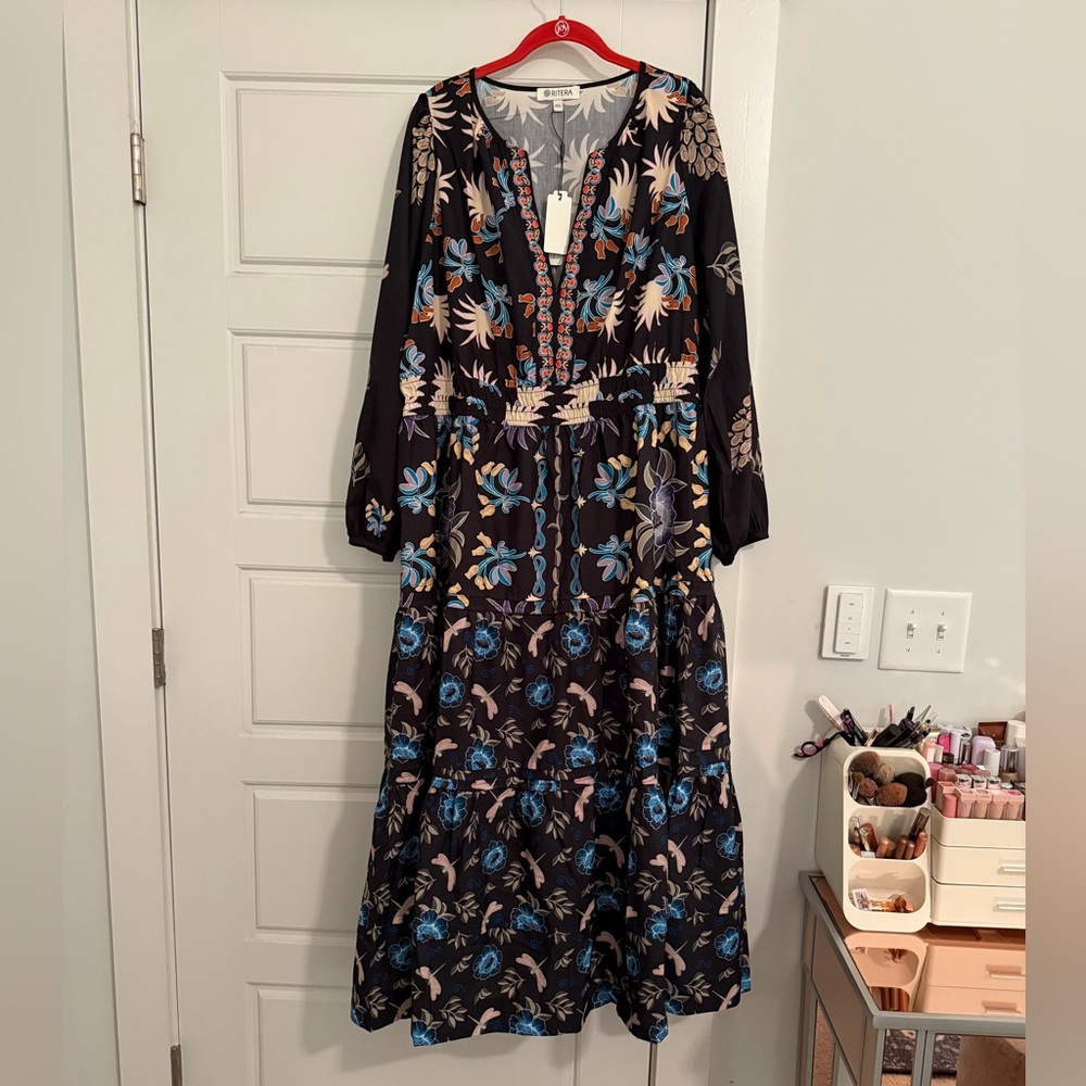 Boho Floral Long-Sleeve Maxi Dress - Black/Blue